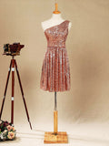 One shoulder Knee length Sequined A-line Bridesmaid dress