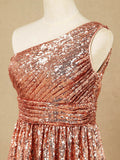 One shoulder Knee length Sequined A-line Bridesmaid dress