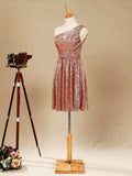 One shoulder Knee length Sequined A-line Bridesmaid dress