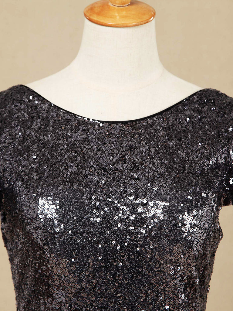 Sequin Bridesmaid Dress Cowl Back Cap Sleeves Scoop Neck Luxury Black Floor length Evening dress