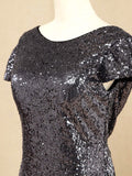 Sequin Bridesmaid Dress Cowl Back Cap Sleeves Scoop Neck Luxury Black Floor length Evening dress