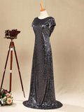 Sequin Bridesmaid Dress Cowl Back Cap Sleeves Scoop Neck Luxury Black Floor length Evening dress