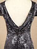 Sequin Bridesmaid Dress Cowl Back Cap Sleeves Scoop Neck Luxury Black Floor length Evening dress