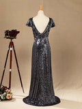 Sequin Bridesmaid Dress Cowl Back Cap Sleeves Scoop Neck Luxury Black Floor length Evening dress