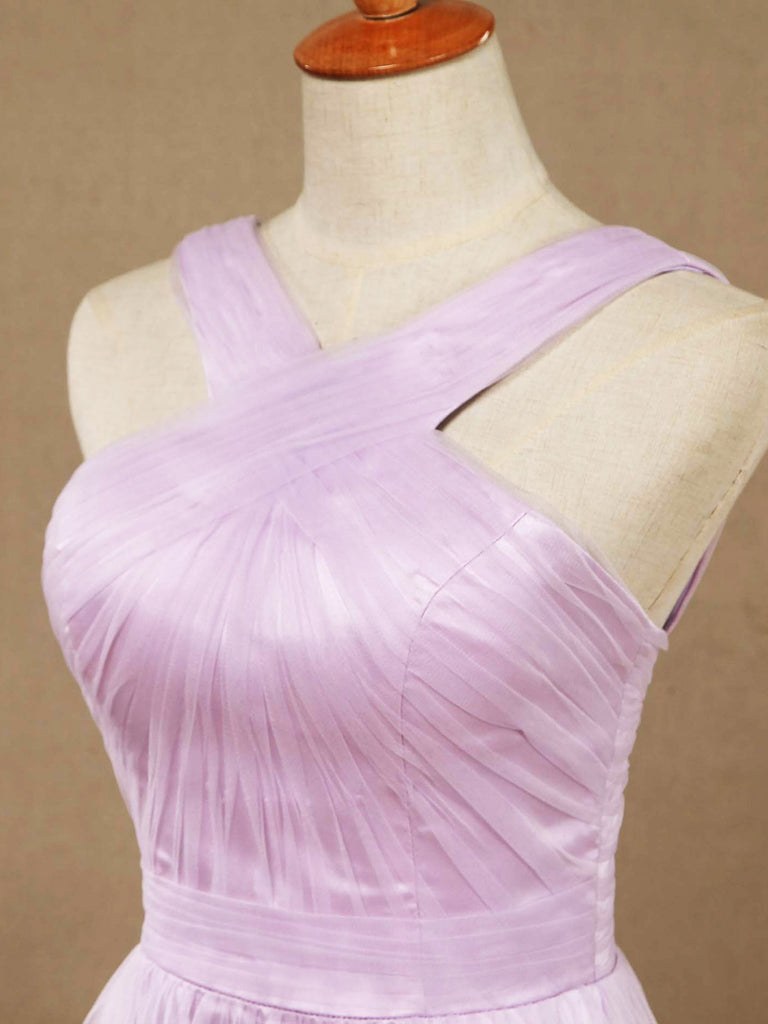 Sheath / Column V-neck Floor Length Tulle Bridesmaid Dress with Criss Cross Ruching