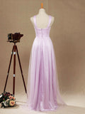Sheath / Column V-neck Floor Length Tulle Bridesmaid Dress with Criss Cross Ruching