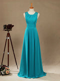 Long Chiffon Bridesmaid Dress with Jewel Neck A-line Sleeveless Double Lace Straps
