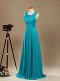 Long Chiffon Bridesmaid Dress with Jewel Neck A-line Sleeveless Double Lace Straps