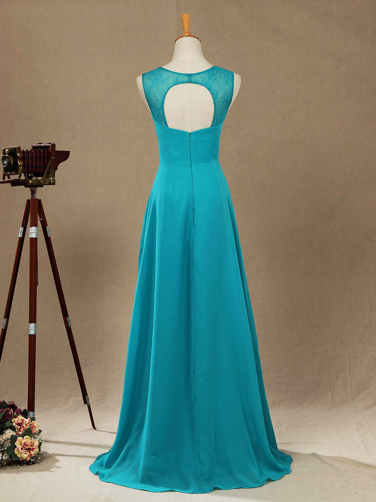Long Chiffon Bridesmaid Dress with Jewel Neck A-line Sleeveless Double Lace Straps