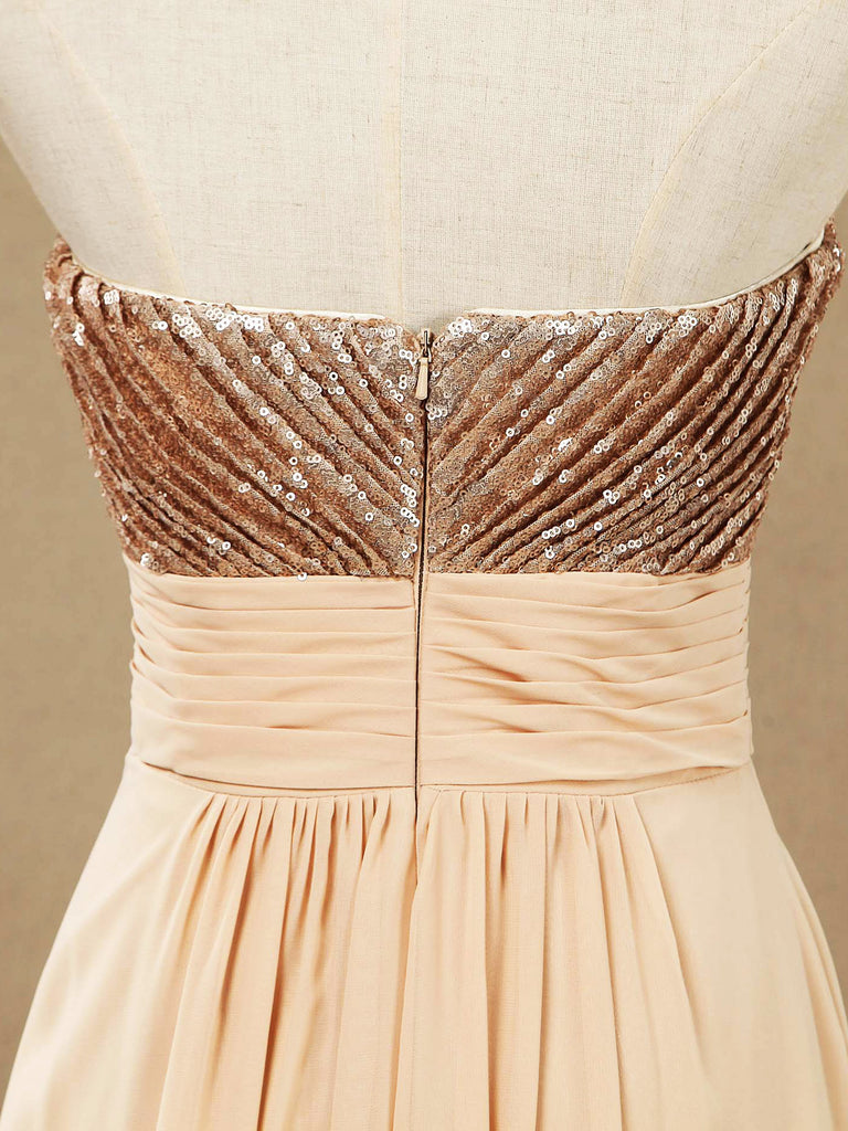 A-Line Rose Gold Sequins Mix Chiffon Floor Length Sweetheart Bridesmaid Dress