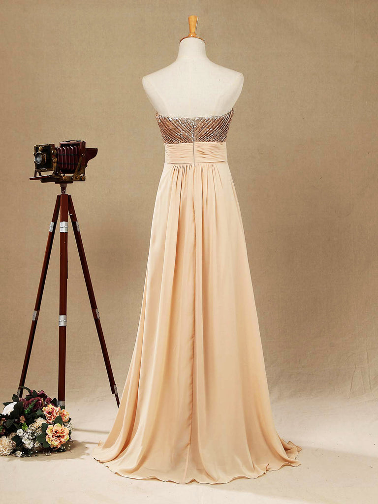 A-Line Rose Gold Sequins Mix Chiffon Floor Length Sweetheart Bridesmaid Dress