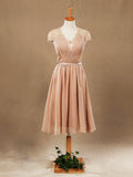 Lace match Chiffon Bridesmaid Dress V-neck with Cap Sleeves See Through Back with Button