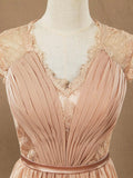 Lace match Chiffon Bridesmaid Dress V-neck with Cap Sleeves See Through Back with Button
