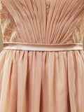 Lace match Chiffon Bridesmaid Dress V-neck with Cap Sleeves See Through Back with Button