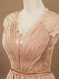 Lace match Chiffon Bridesmaid Dress V-neck with Cap Sleeves See Through Back with Button