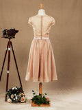 Lace match Chiffon Bridesmaid Dress V-neck with Cap Sleeves See Through Back with Button