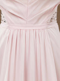 Long Chiffon Bridesmaid dress V-neck V-back Straps Ruching with Beads Decoration