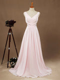 Long Chiffon Bridesmaid dress V-neck V-back Straps Ruching with Beads Decoration