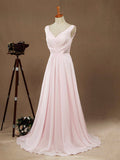 Long Chiffon Bridesmaid dress V-neck V-back Straps Ruching with Beads Decoration
