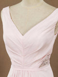 Long Chiffon Bridesmaid dress V-neck V-back Straps Ruching with Beads Decoration
