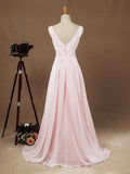 Long Chiffon Bridesmaid dress V-neck V-back Straps Ruching with Beads Decoration