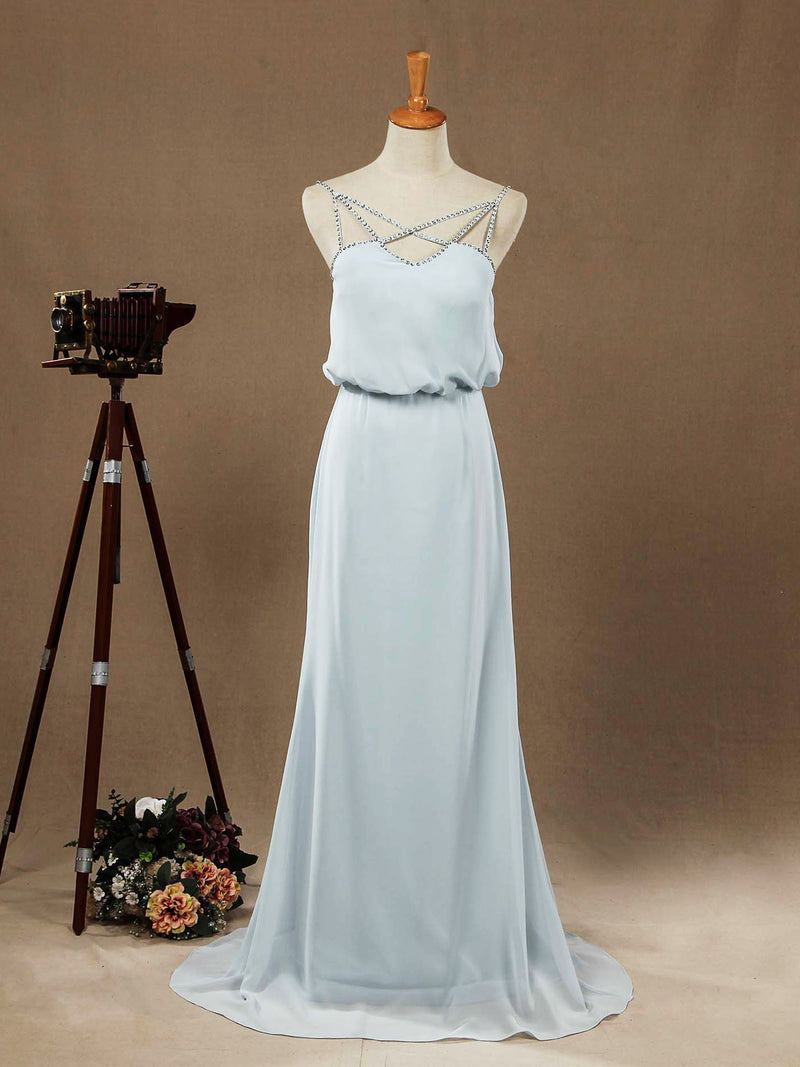 Sheath / Column Spaghetti Straps Floor Length Chiffon Formal Evening Dress with Beading