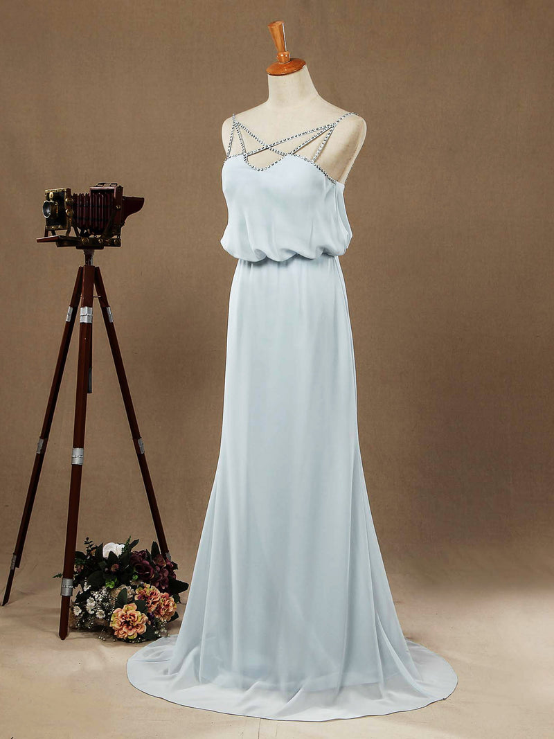 Sheath / Column Spaghetti Straps Floor Length Chiffon Formal Evening Dress with Beading