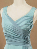 A-Line Long Chiffon Bridesmaid Dresses Dusty Blue Straps V-neck