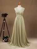 Chiffon Bridesmaid Dress Dusty Green Straps V-neck and V-back 