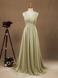 Chiffon Bridesmaid Dress Dusty Green Straps V-neck and V-back with Lace Neckline Elegant
