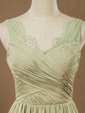 Chiffon Bridesmaid Dress Dusty Green Straps V-neck and V-back 