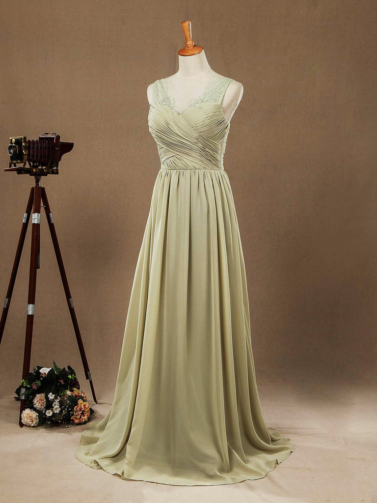 Chiffon Bridesmaid Dress Dusty Green Straps V-neck and V-back 