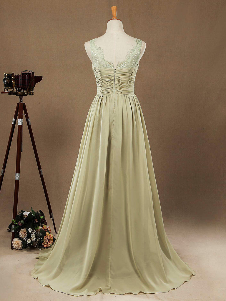 Chiffon Bridesmaid Dress Dusty Green Straps V-neck and V-back 