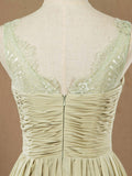Chiffon Bridesmaid Dress Dusty Green Straps V-neck and V-back 