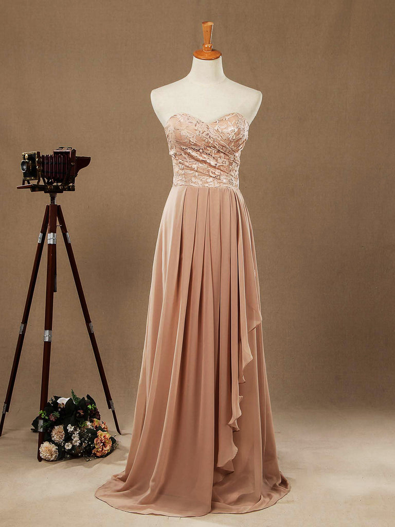 A-line Floor Length Chiffon match Lace Bridesmaid Dresses Sweetheart Strapless