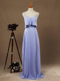 Sheath / Column Spaghetti Straps Scoop Neck Chiffon Bridesmaid Dress with Long Belt