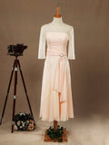 Sheath / Column Tea Length Chiffon Bridesmaid Dress with Long See Through Sleeves