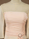 Sheath / Column Tea Length Chiffon Bridesmaid Dress with Long See Through Sleeves