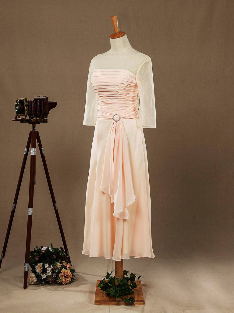 Sheath / Column Tea Length Chiffon Bridesmaid Dress with Long See Through Sleeves