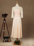 Sheath / Column Tea Length Chiffon Bridesmaid Dress with Long See Through Sleeves