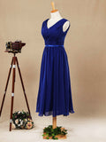 Tea Length A-Line V-neck Chiffon Bridesmaid Dress with Sash