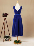 Tea Length A-Line V-neck Chiffon Bridesmaid Dress with Sash