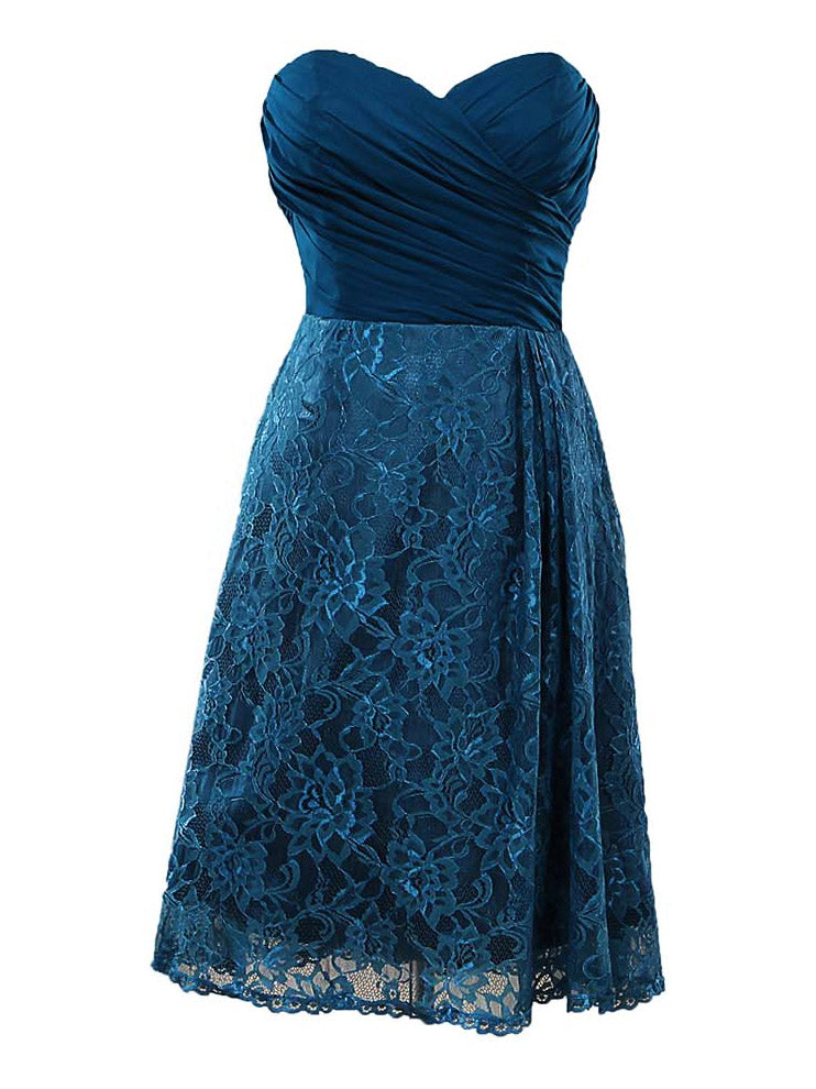 A-line Chiffon Mix Lace Bridesmaid Dress Knee-length Sweetheart With Ruching - dressblee