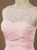 A-line Jewel Neck Floor Length Chiffon match Lace Bridesmaid Dress