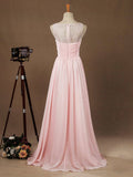 A-line Jewel Neck Floor Length Chiffon match Lace Bridesmaid Dress