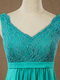 Sheath / Column V-neck Floor Length Chiffon match Lace Bridesmaid Dress with Pleats