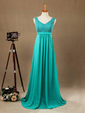 Sheath / Column V-neck Floor Length Chiffon match Lace Bridesmaid Dress with Pleats