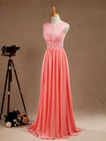 A-Line Jewel Neck Floor Length Chiffon match Lace Prom Formal Evening Dress with Split