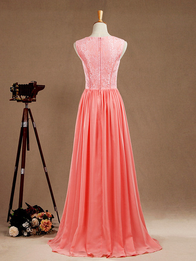 A-Line Jewel Neck Floor Length Chiffon match Lace Prom Formal Evening Dress with Split