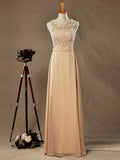 Lace Mix Chiffon Bridesmaid dress Champagne Straps Bateau Neck Floor length